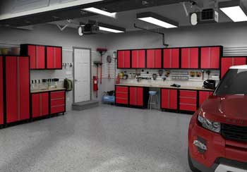 Finished garage with red cabinets - Feature Image