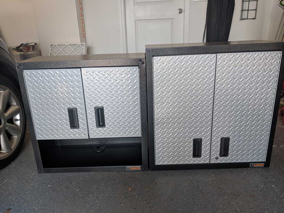 28" Gladiator RTA 3/4 Wall GearBox cabinet (Left) & Gladiator Premier 30" Wall GearBox cabinet (Right)