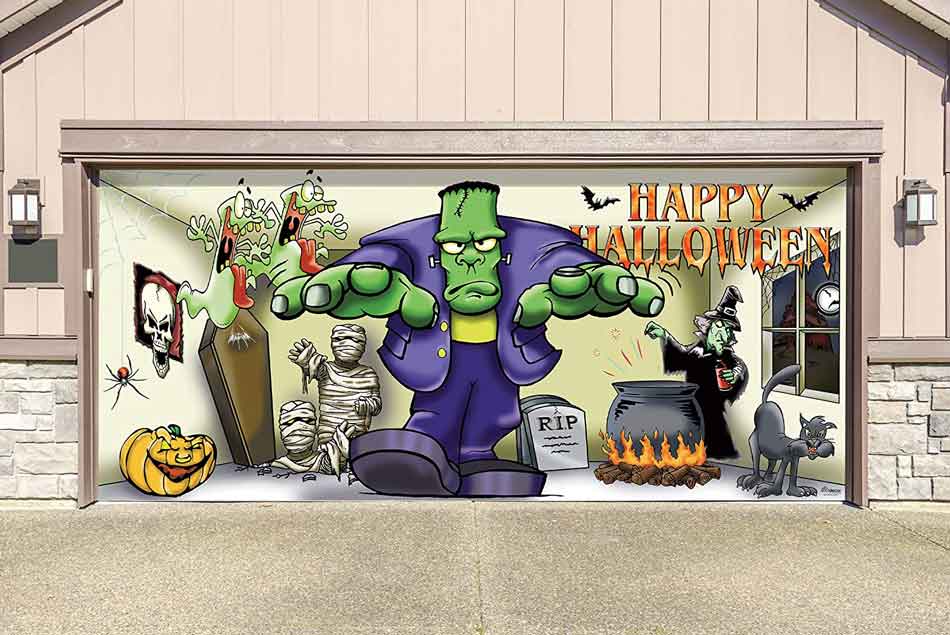 Kid-friendly Frankenstein garage door decoration