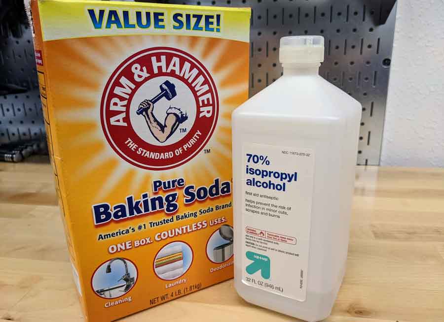 Use rubbing alcohol and baking soda to remove gasoline smells