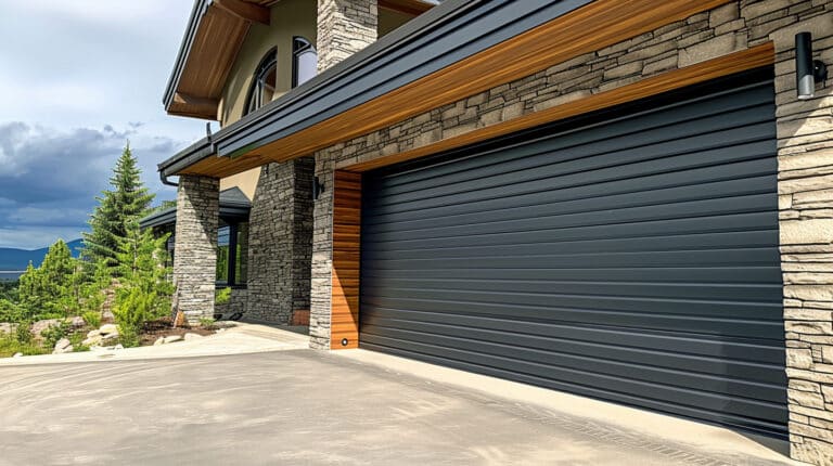 Black residential roll-up garage door on home