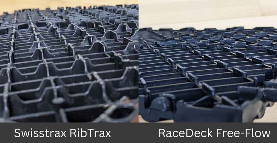 Comparing the underside channels of Swisstrax and RaceDeck tiles. Swisstrax on the left. RaceDeck on the right. 