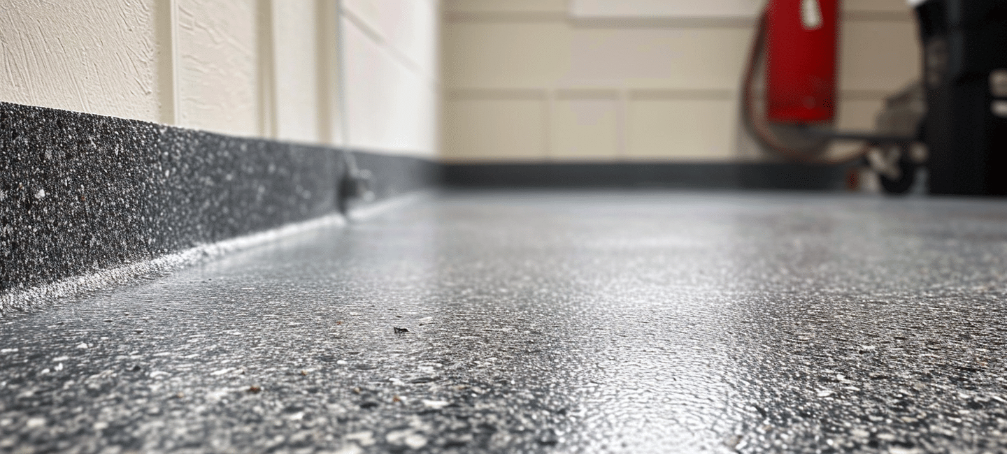 Closeup shot of gray polyaspartic floor coating with paint chips