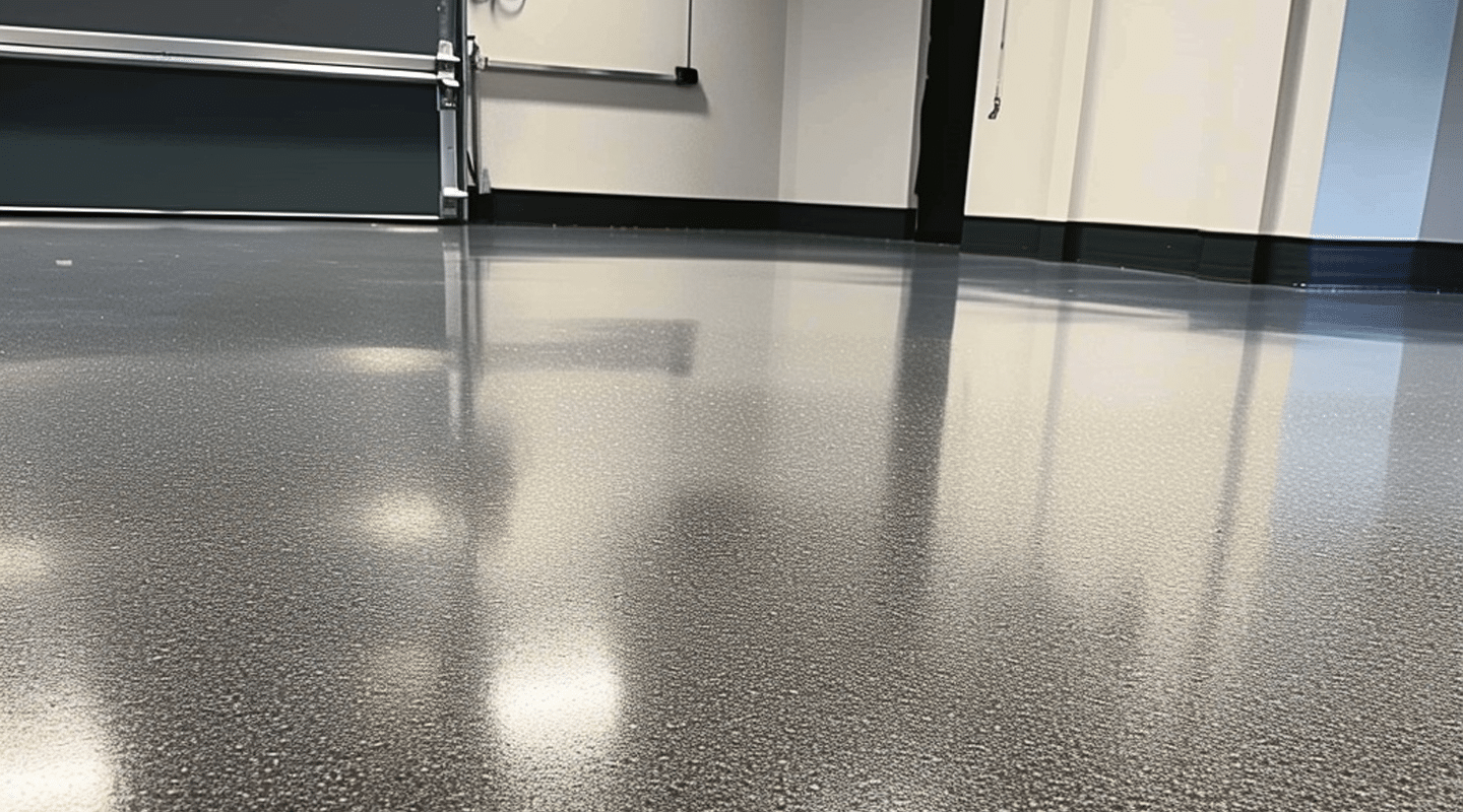 Closeup of Polyurea garage floor coating reflecting light