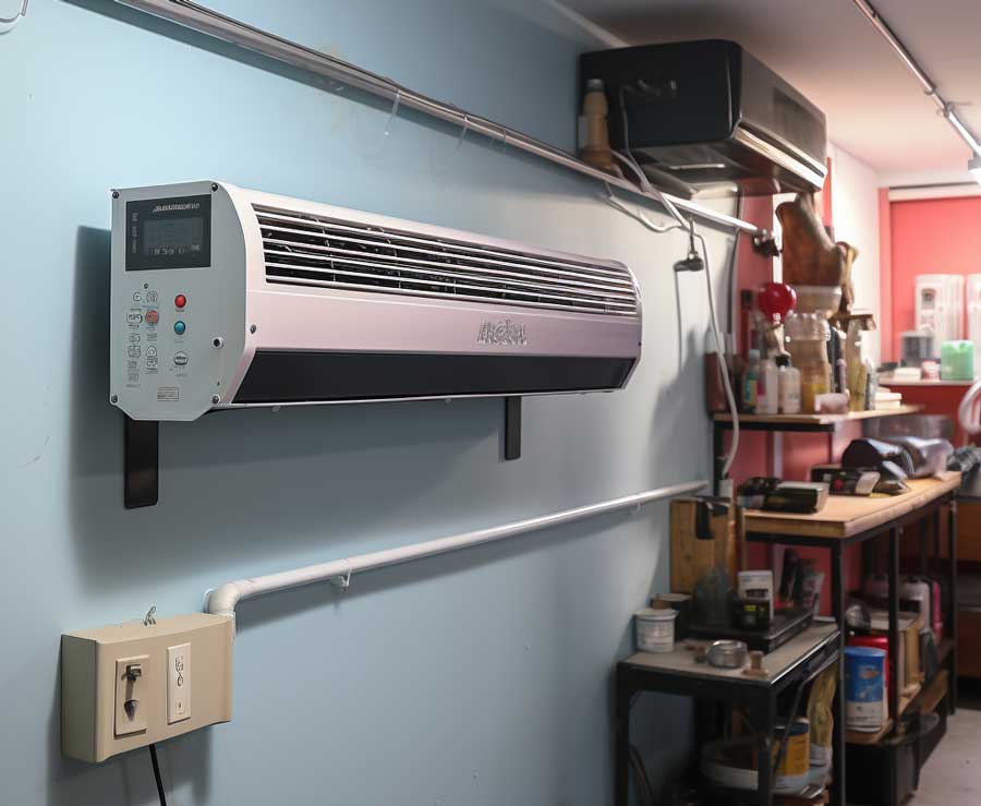 mini-split heater on garage wall