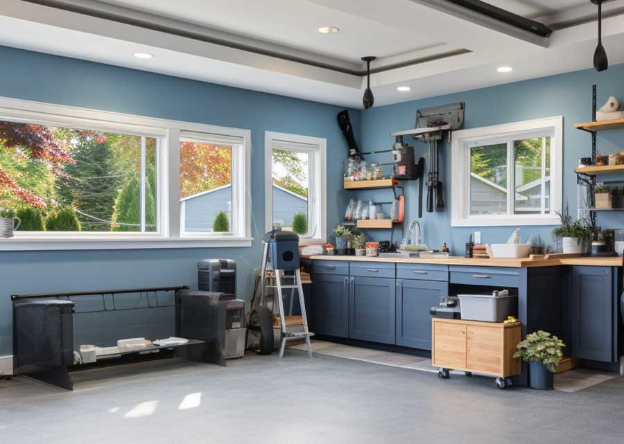 Garage interior with bright blue walls and window