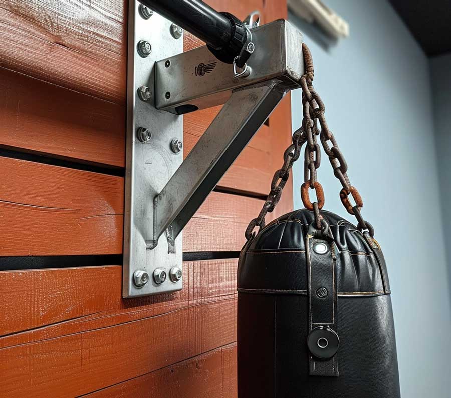 Punching bag in garage mounted on the wall
