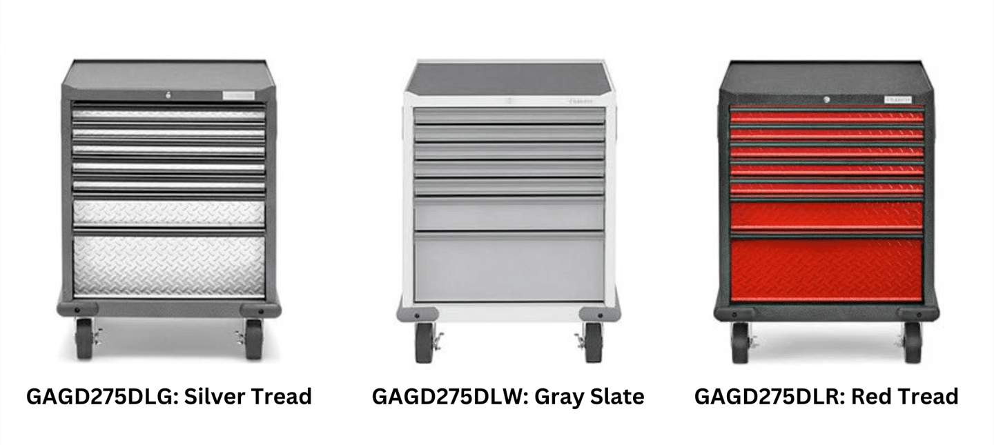 Gladiator GearDrawer is available in three colors: Gray, White, and Red