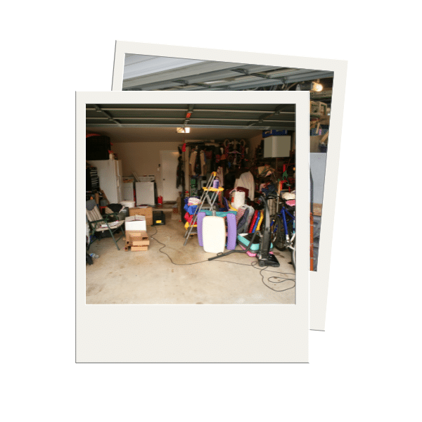 Polaroid photos of messy garages