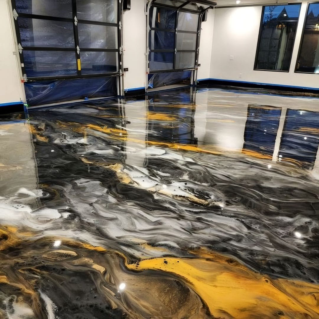 Black, yellow, & silver swirl epoxy floor