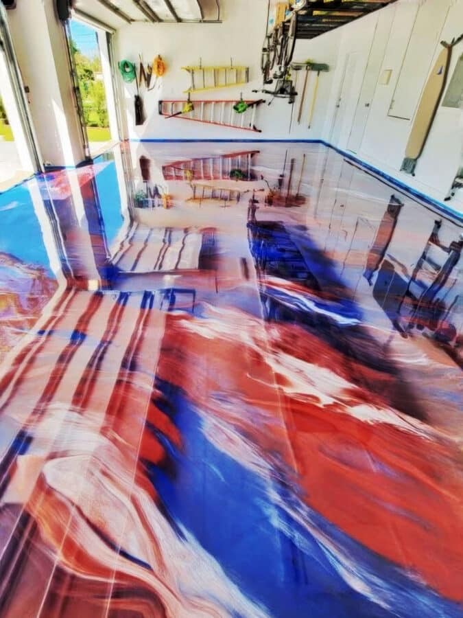 Dremecrete red-blue swirl epoxy floor