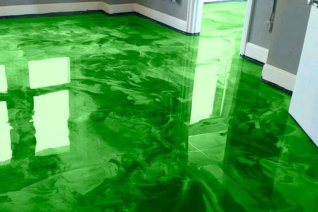 Dark green cloud swirl epoxy floor