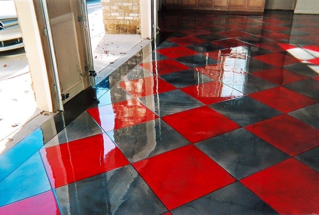 Grey & red checkerboard in epoxy floor