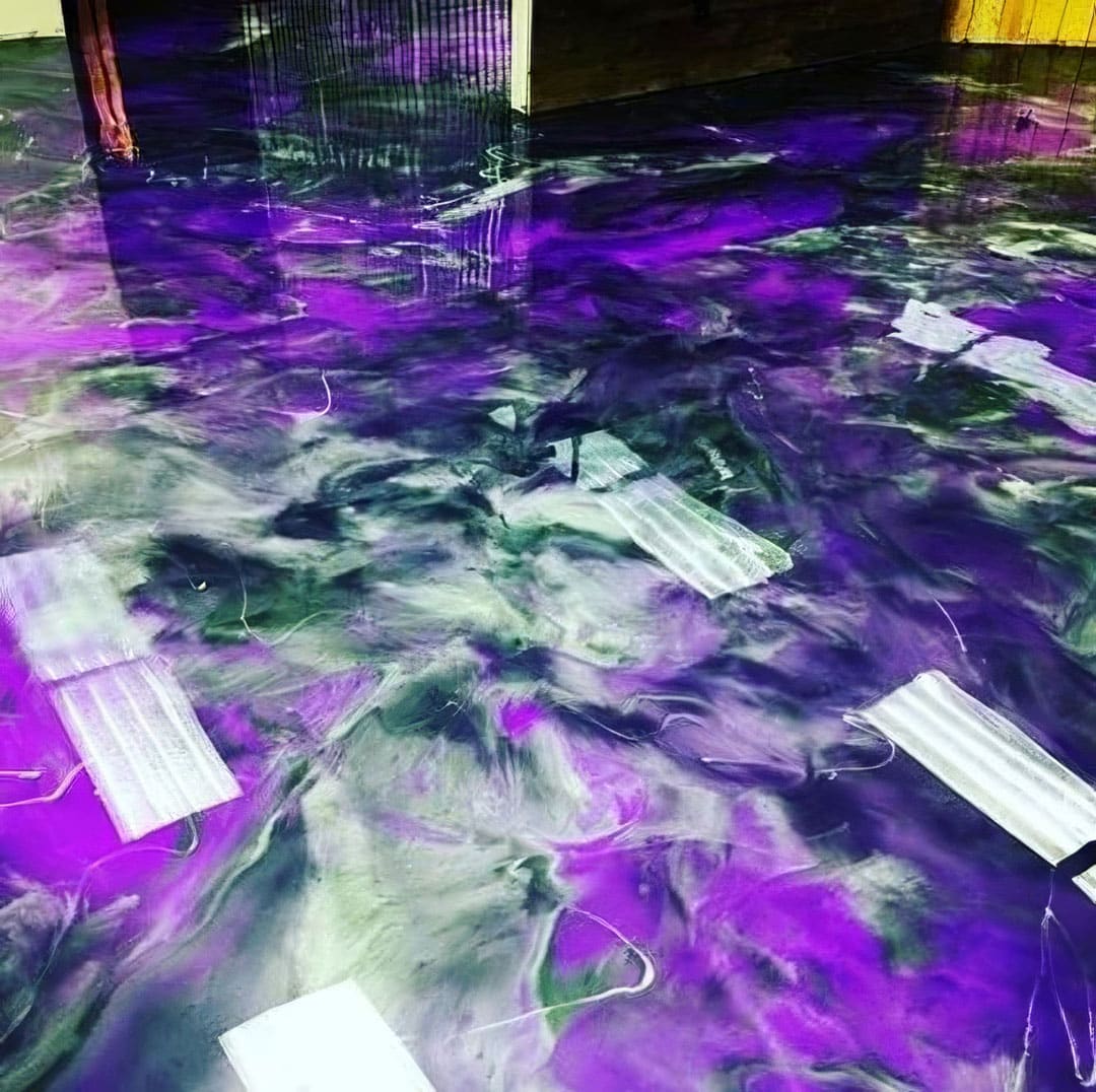 Purple, black, & silver swirl epoxy floor