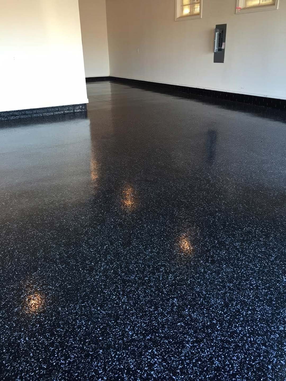 speckled black epoxy floor