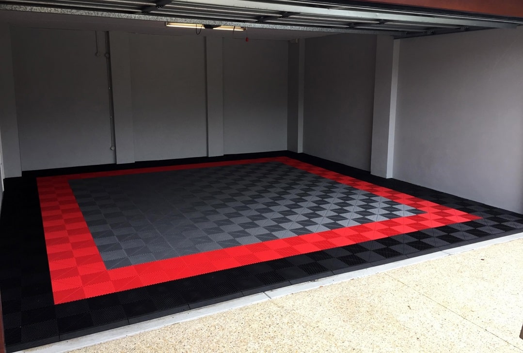black, gray & red PVC tile floor