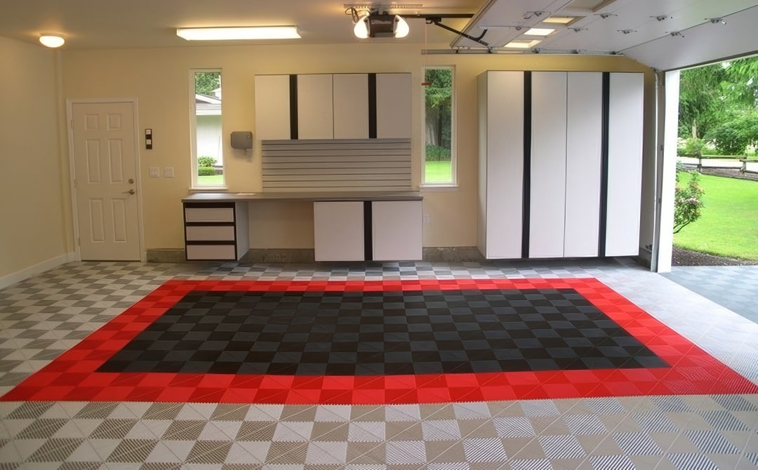 black, silver & red PVC tile floor