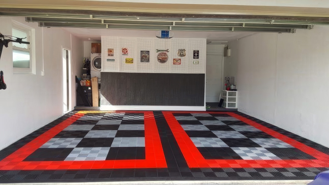 Checkerboard tile floor parking spaces