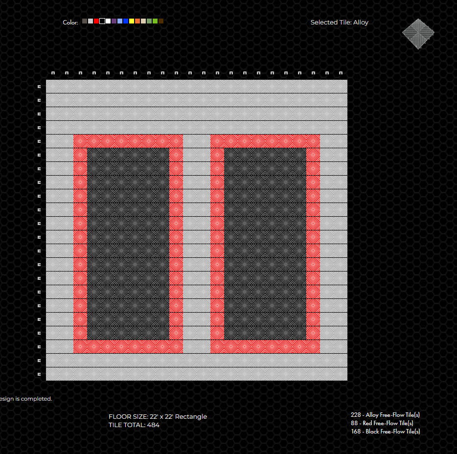 Black, red, & silver tile floor parking spaces: RaceDeck design