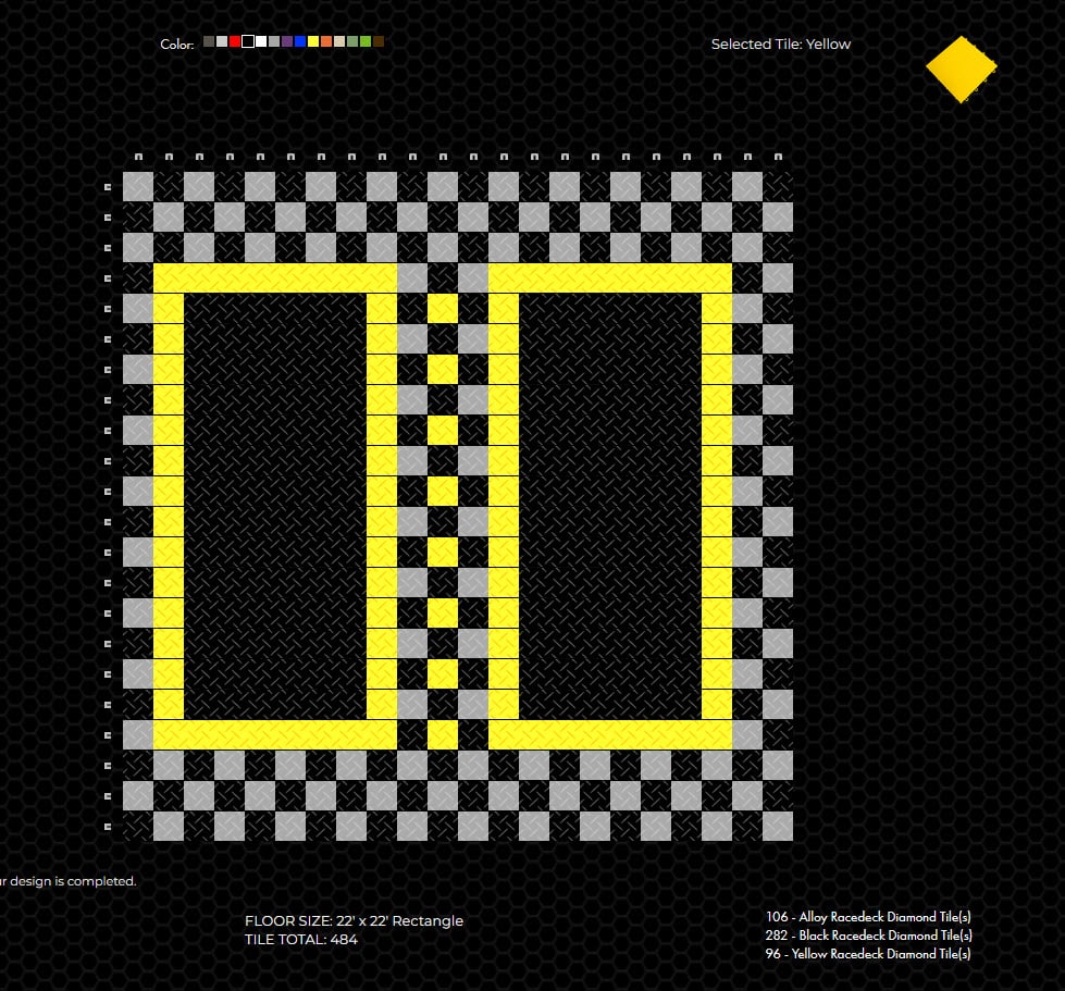 Black and checkerboard parking spots with yellow trim: RaceDeck design