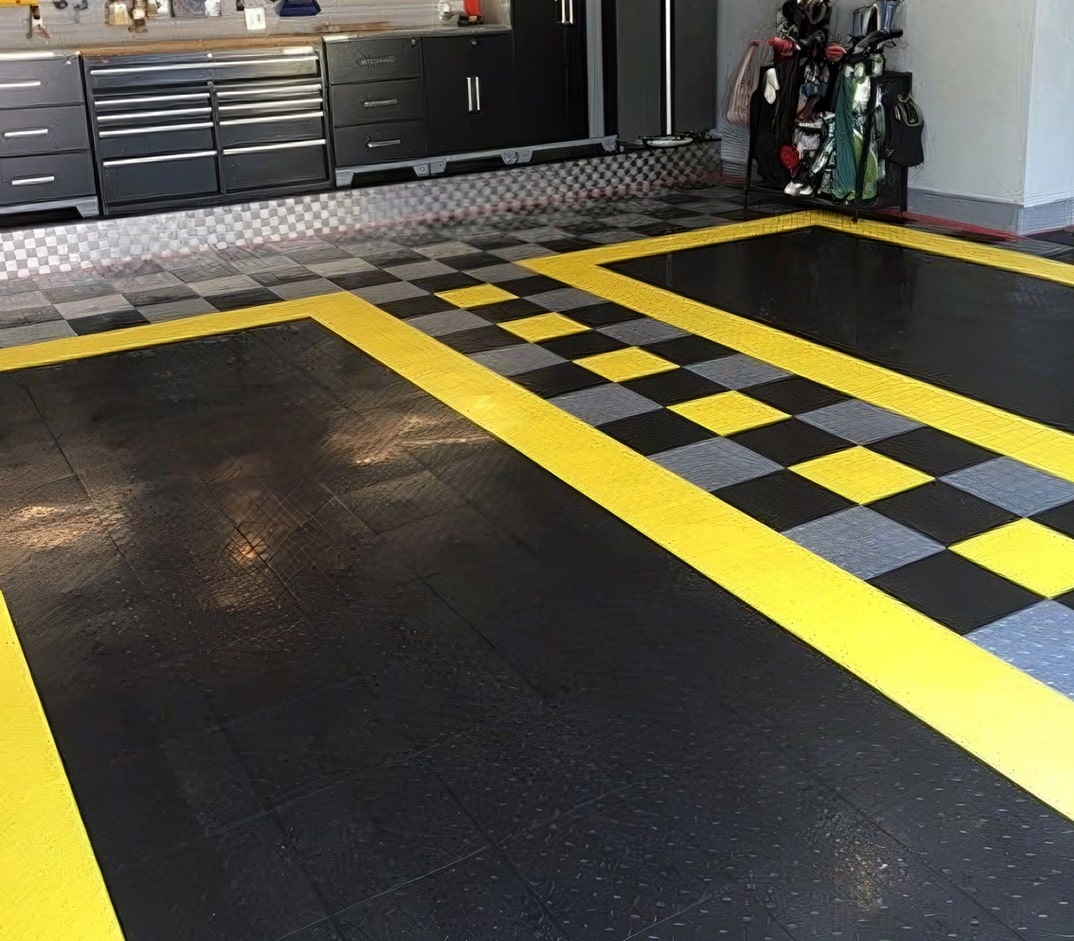 Black and checkerboard parking spots with yellow trim.