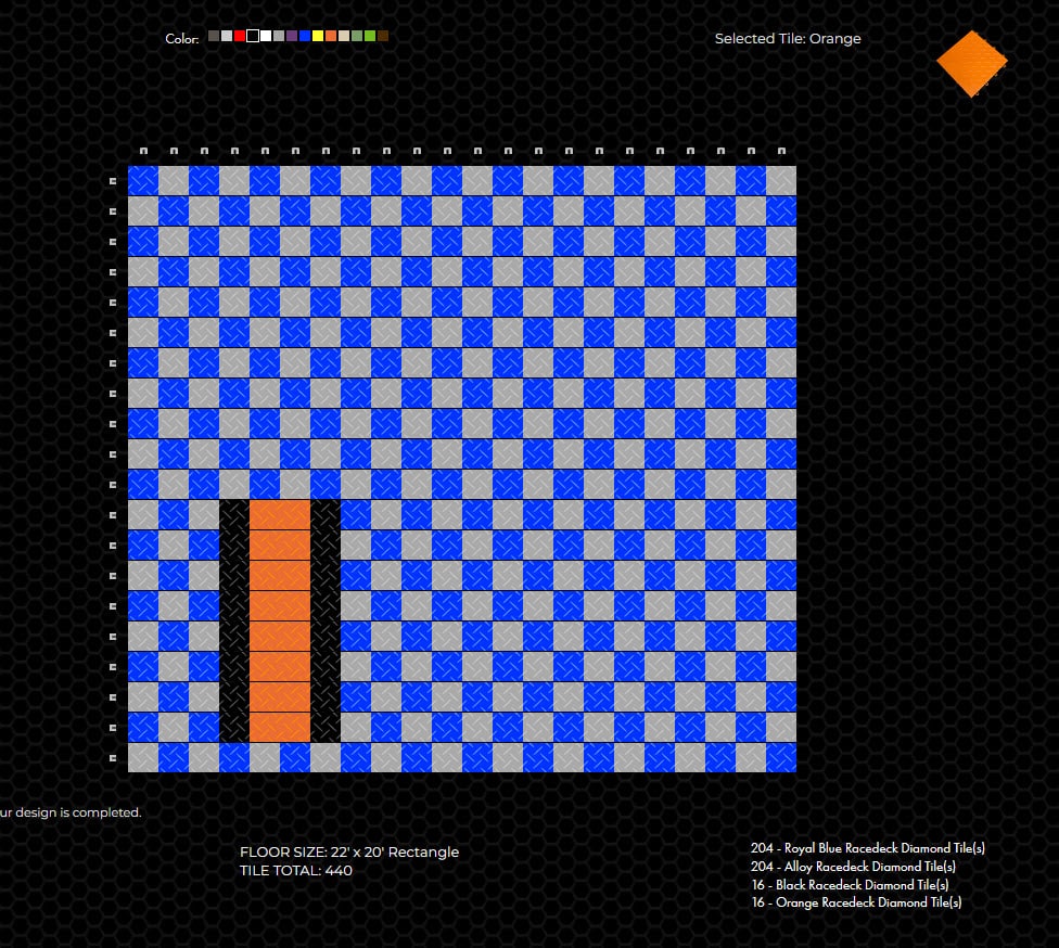Blue checkerboard floor tile design with Harley Davidson parking spot: RaceDeck design