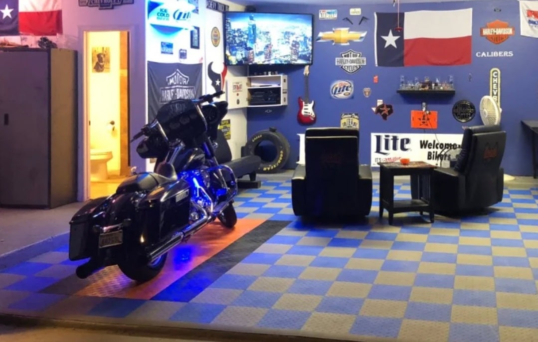 Blue checkerboard floor tile design with Harley Davidson parking spot