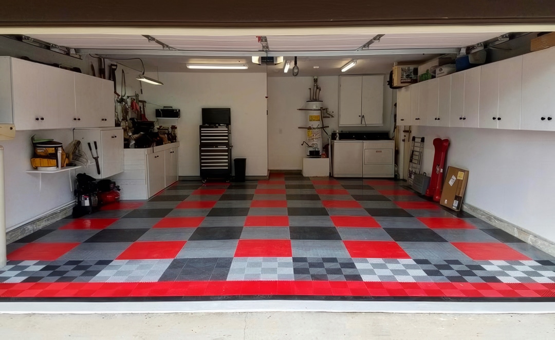 Red black gray large checkerboard floor tiles