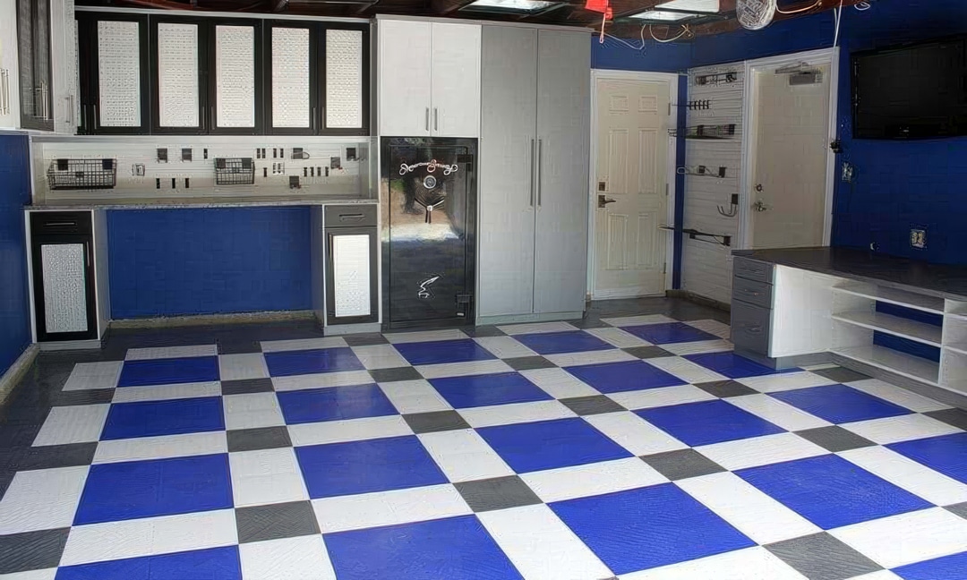 Blue & White Squares garage floor tiles