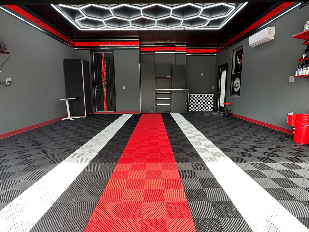 Black with Red and White Striped Tiles