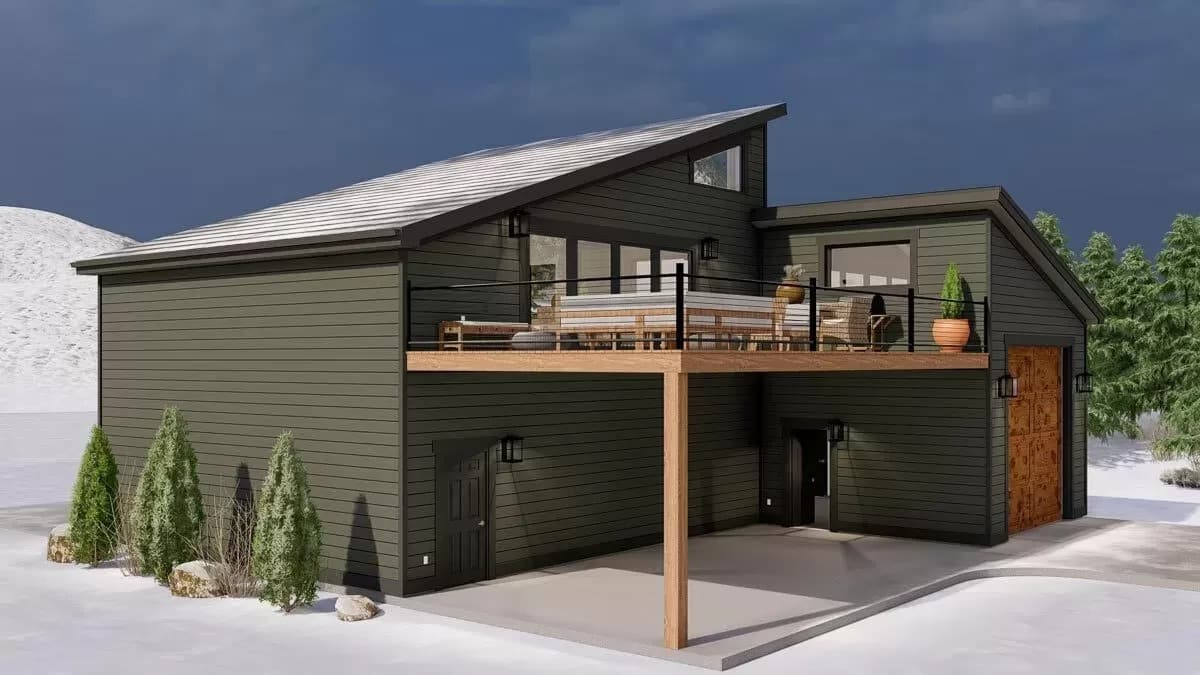 61252UT exterior render (3/4 view) deck and RV garage