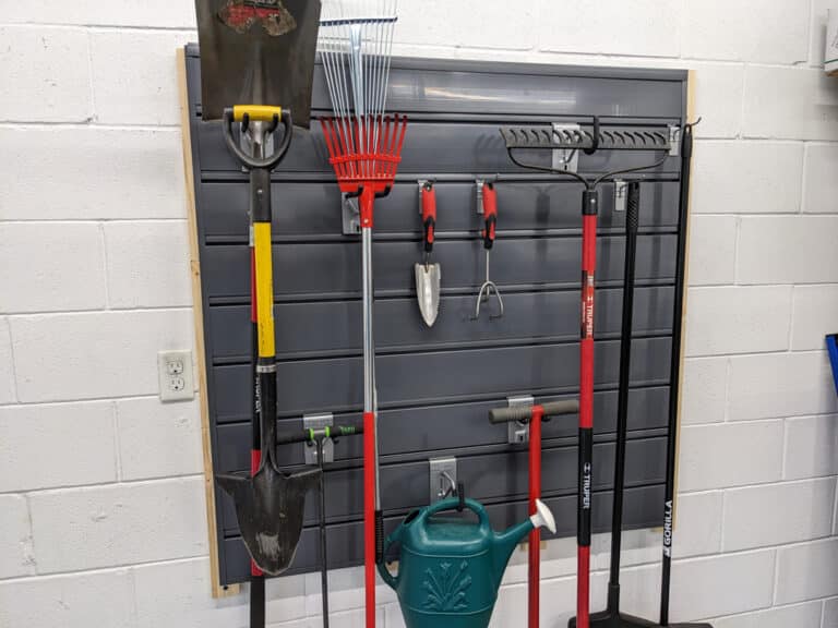 Proslat slatwall with garden tools