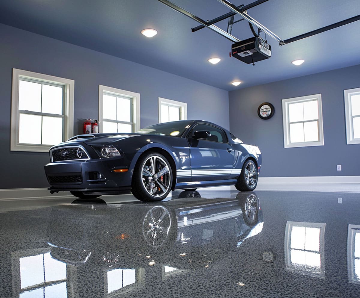 Blue-gray garage walls with Mustang