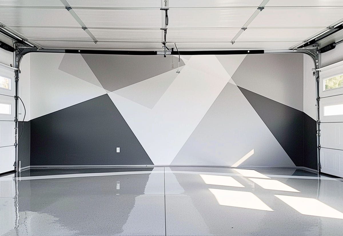 Gray and white geometric design on garage wall
