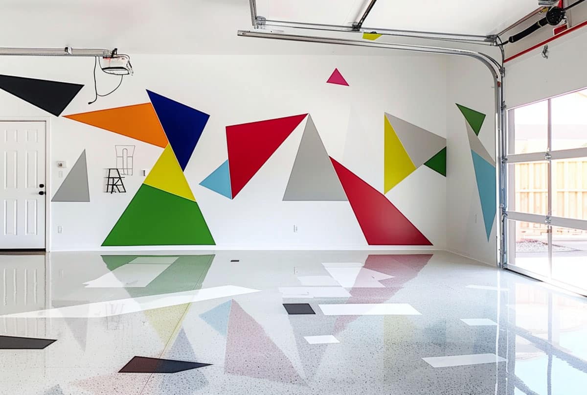 Brightly colored geometric design on garage wall