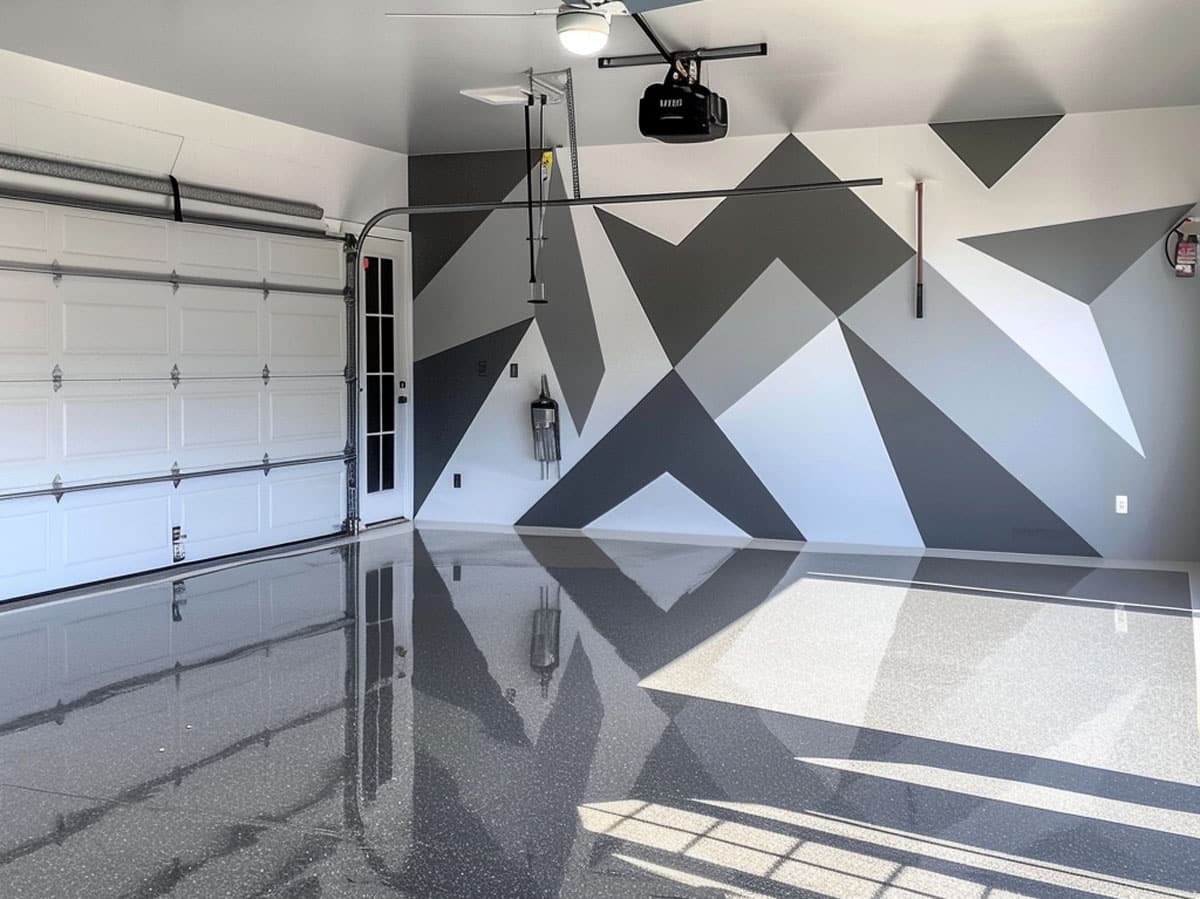 Gray and white geometric design on garage wall