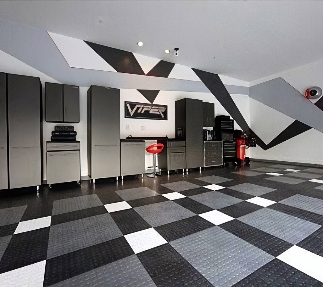 Black and white geometric design on these garage walls