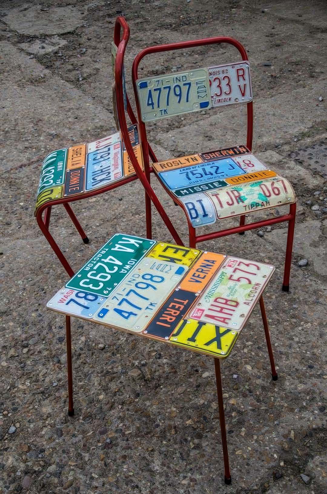 Patio chair and table made from license plates