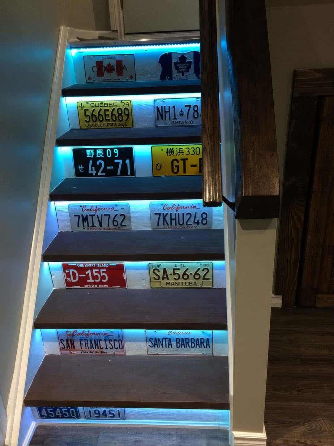 LED lights illuminate license plates on stairs