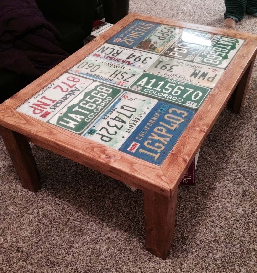 Coffee table made from old license plates