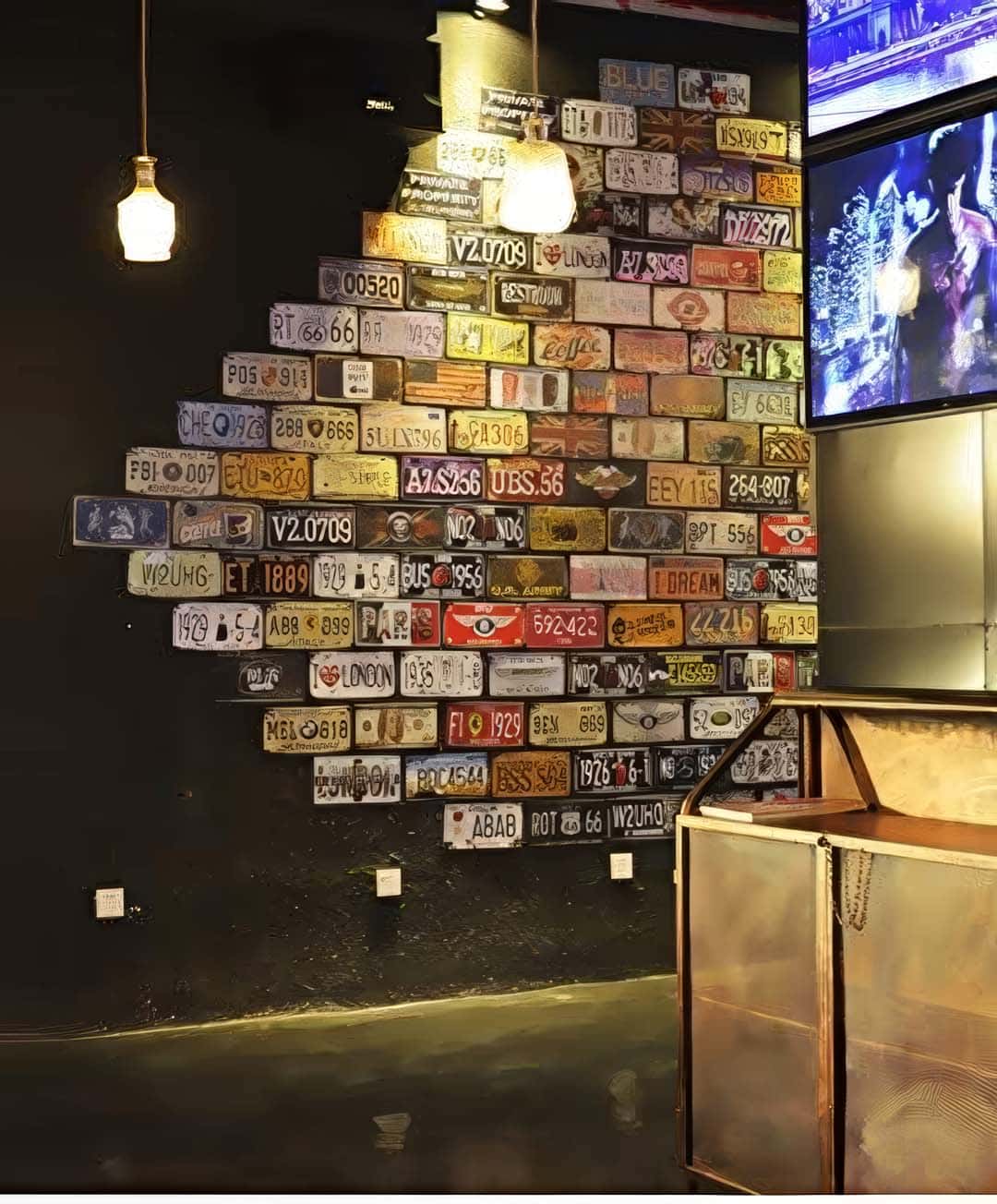 License plates arranged on wall
