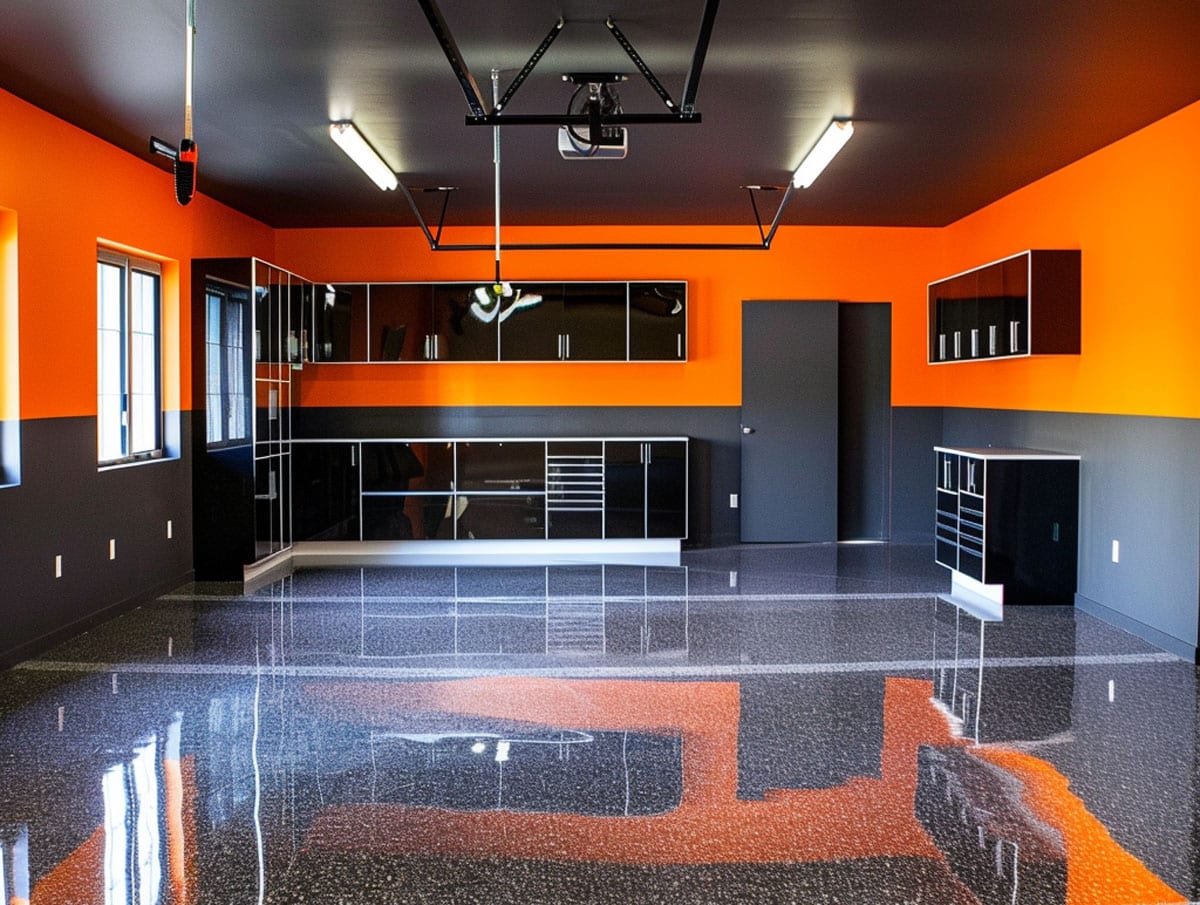 Orange and Black garage walls. Harley Davidson theme