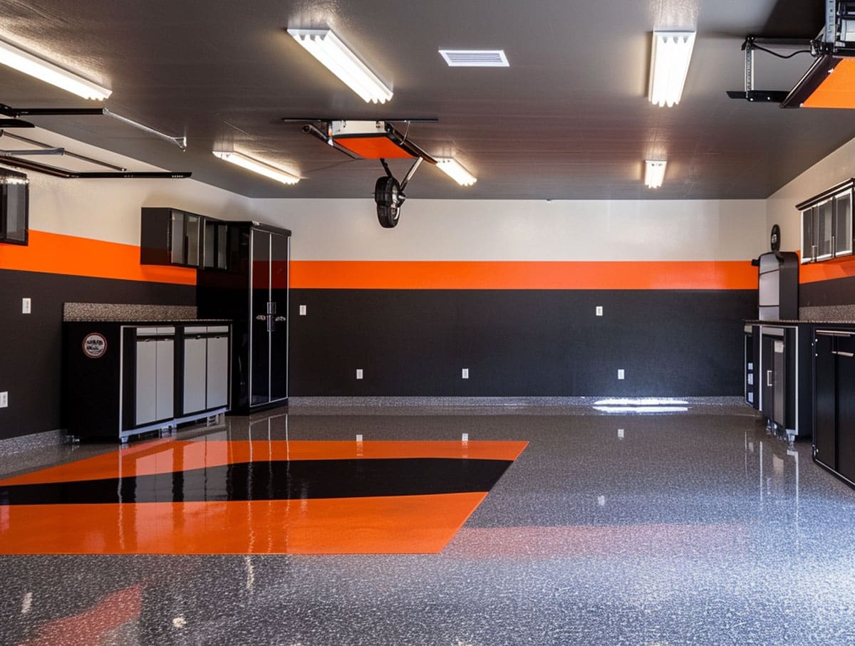 Orange and Black garage walls. Harley Davidson theme