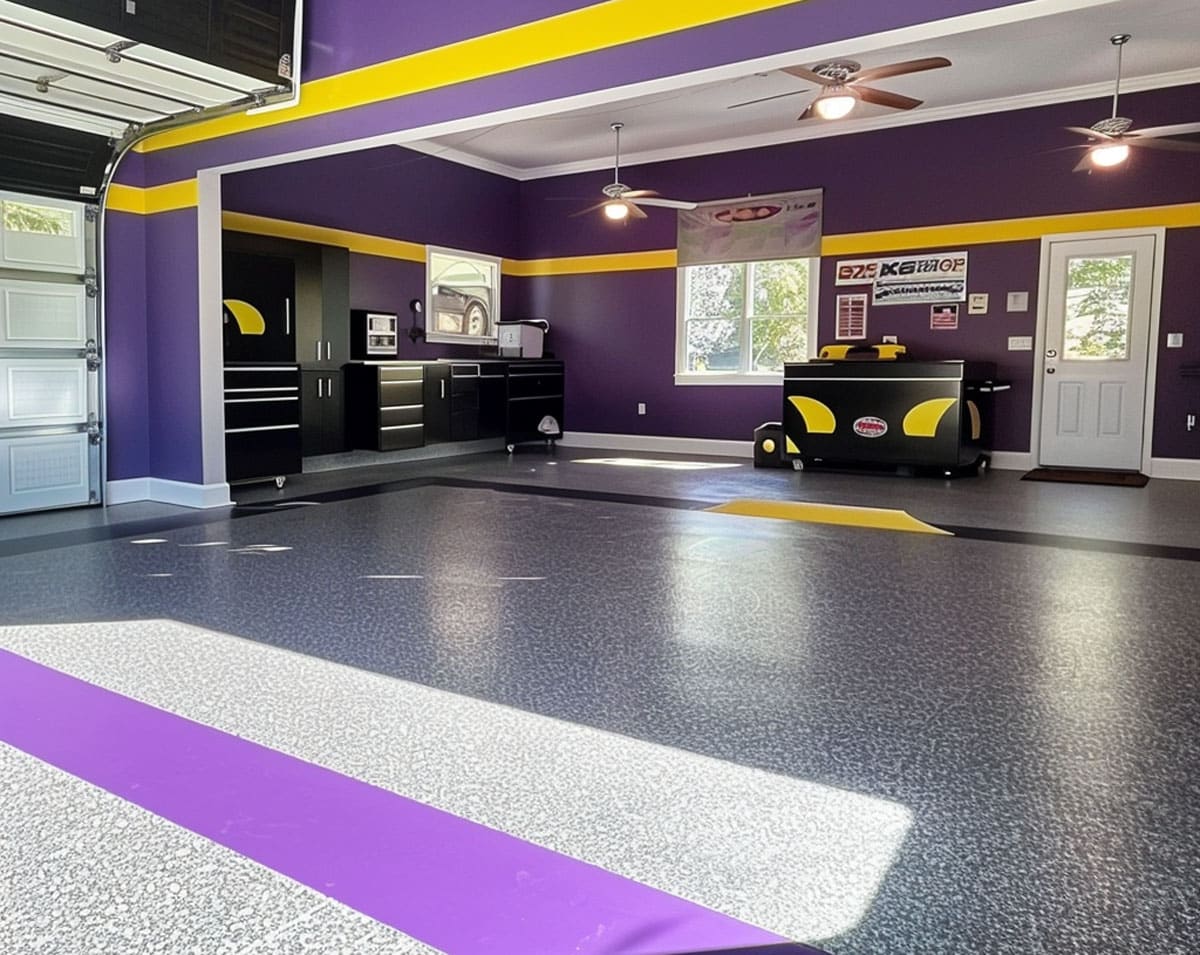 LSU-themed purple and yellow garage walls