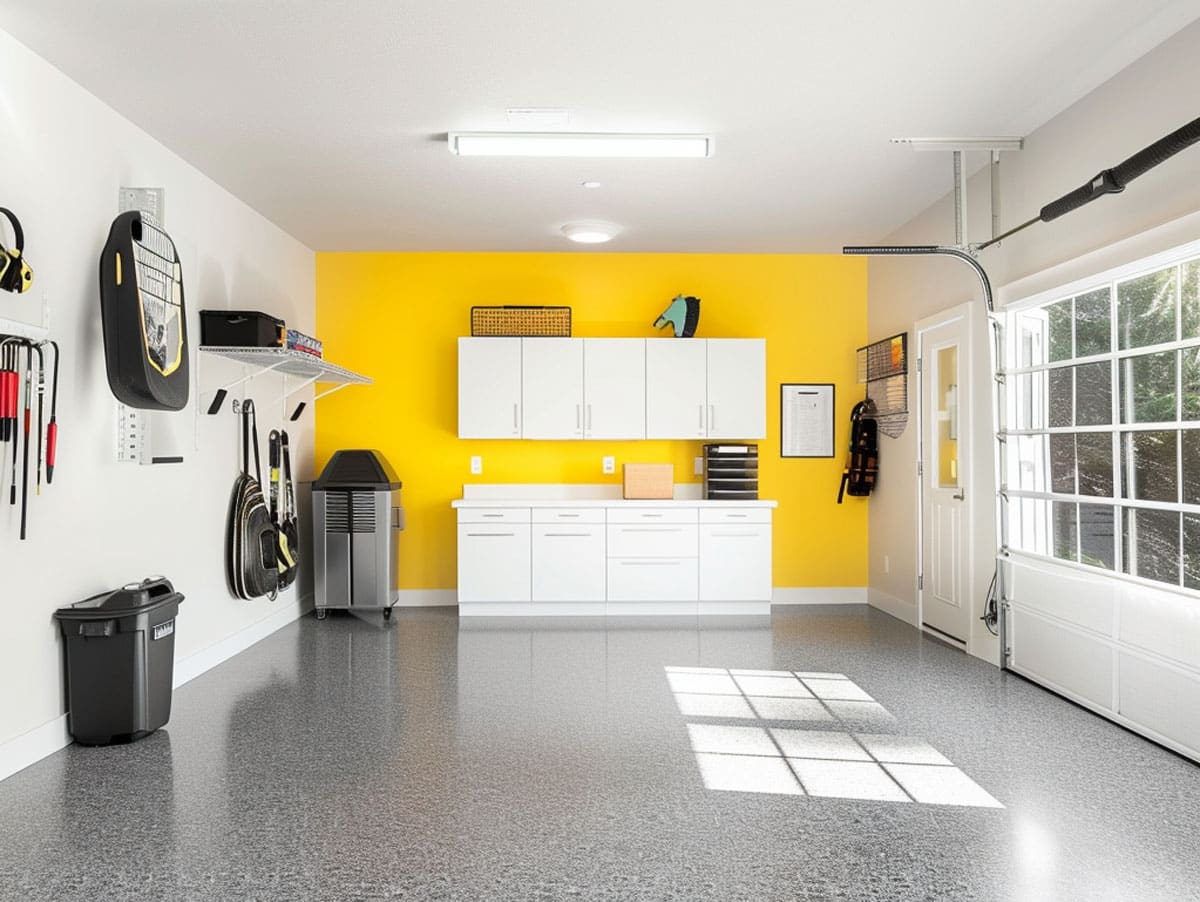 Yellow accent wall in garage