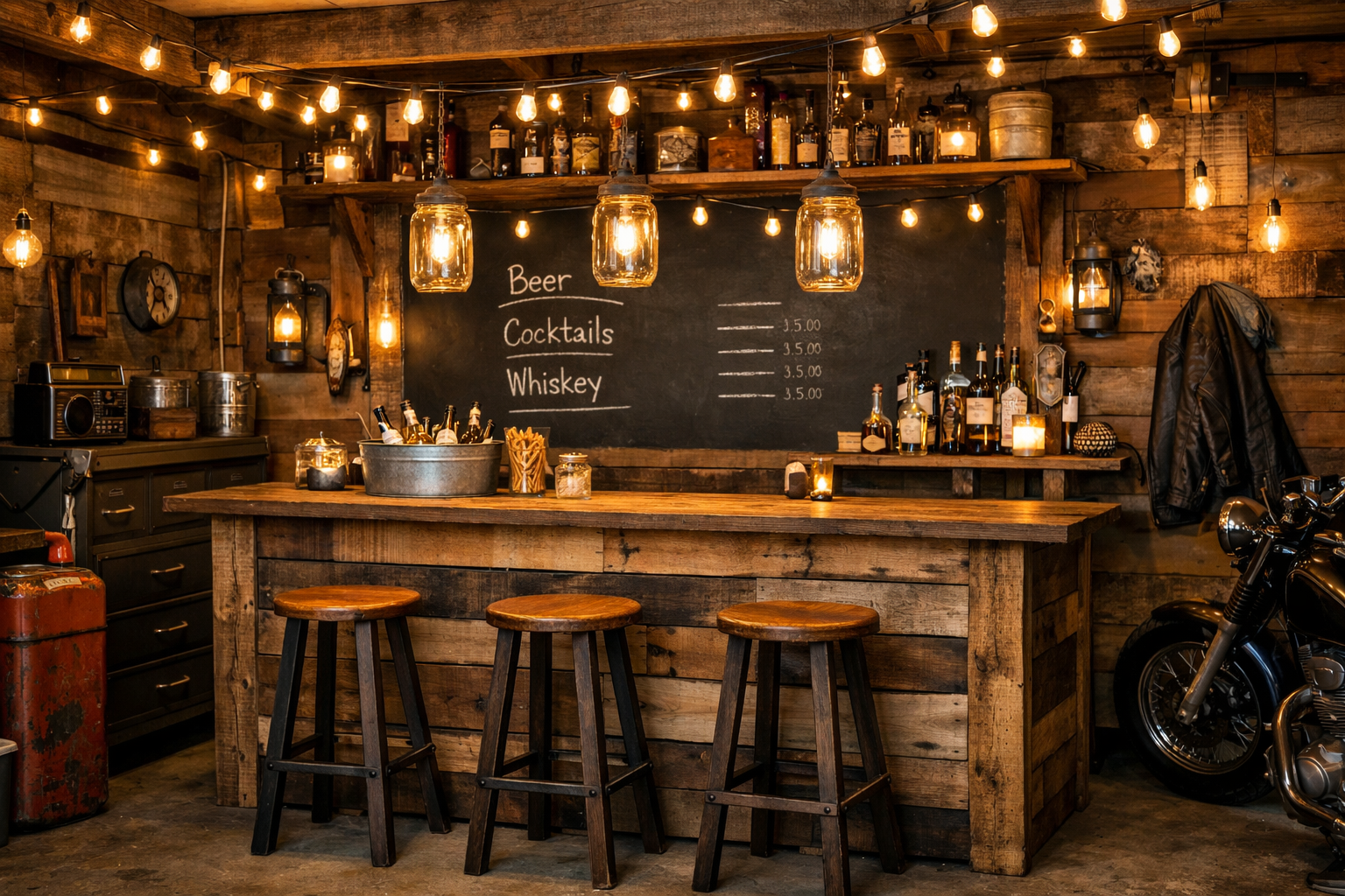 DIY pallet wood garage bar with chalkboard paint and string lights