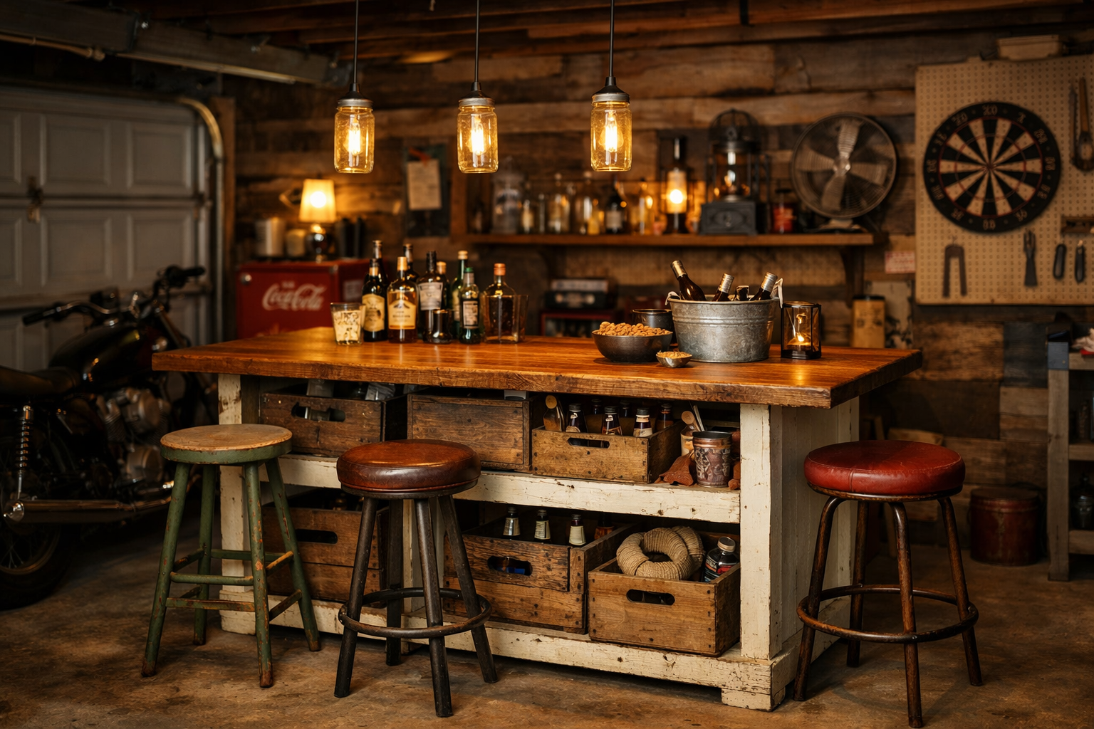Budget garage bar with repurposed kitchen island and vintage crates