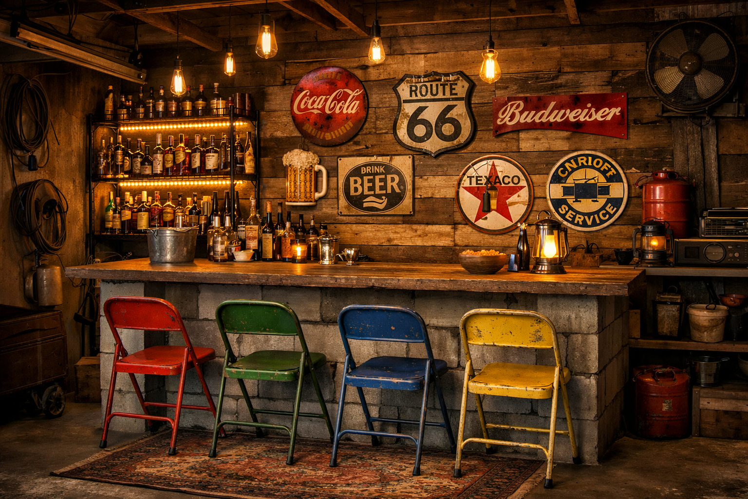 Simple concrete block and wood plank garage bar with folding chairs
