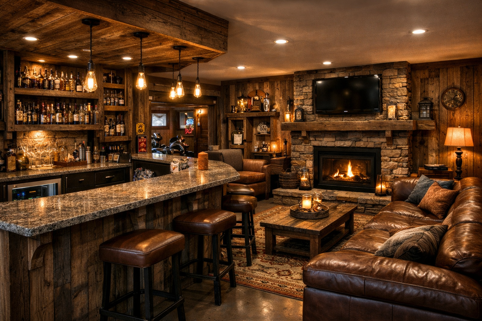 Garage bar and lounge combo with leather sectional and fireplace