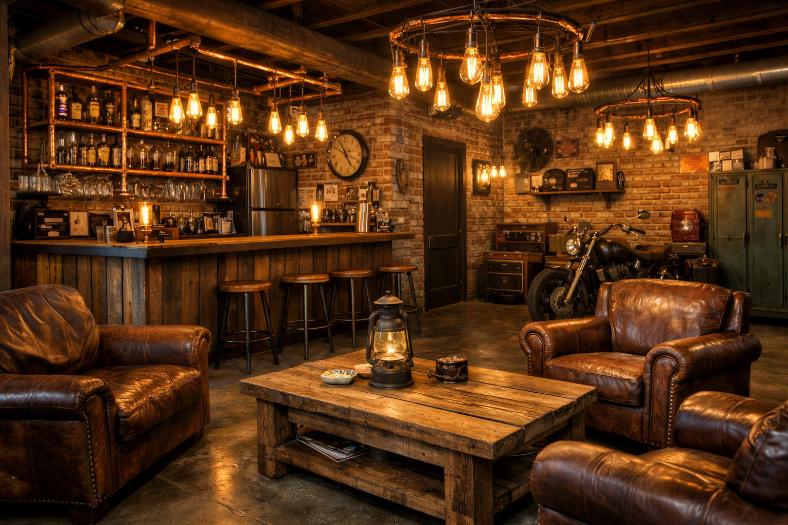 Industrial garage bar and lounge with copper pipes and exposed brick